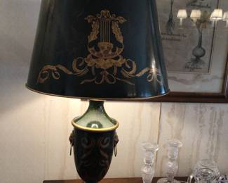 Pair of green tole lamps