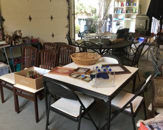 Card table, folding chairs