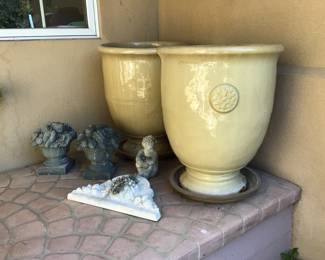 Pair of Anduze planters 30” h x 24” diameter, cement fruit filled urns 12” h, cement cherub 9” h, cement decorative garden decor w/back hook 11”x20”x5” deep