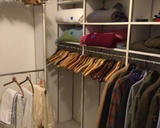 Linens, wooden hangers, coats