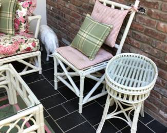 Rattan chair 21”x19”x36” H, round table/glass top 18” diameter x18” H