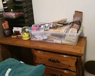 All wood desk and office supplies 