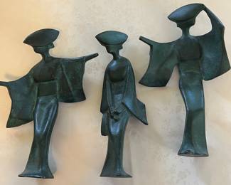 Set/3 50's Minimalist Verdigris Bronze Cast Iron Japanese Geishas 