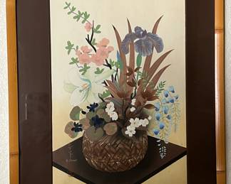 Art 1950's Japanese Wood Block Print "Flowers in Bamboo" by Bakufu Ohno