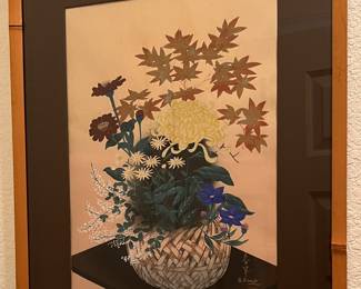 Art 1950's Japanese Wood Block Print "Flowers in Bamboo Basket" by Bakufu Ohno