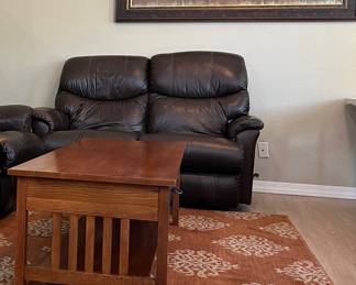La-z-Boy Sofa and Loveseat. Area Rug, Mission Style Coffee Table and End Table 