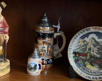 Carved Woodsman, Vintage Zoller & Born Ltd Ed Nr 167 Munchen Beer Stein w Lid, Collectible Plate 