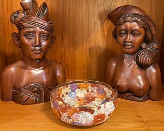 Vintage Bali Man and Woman Hand Carved Wood Busts
