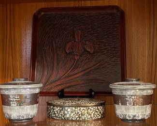 Vintage Japanese lacquerware tray w an Iris Design, Japanese Pottery