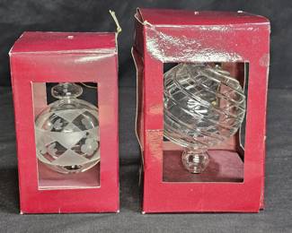 2 Clear Blown Glass Christmas Ornaments