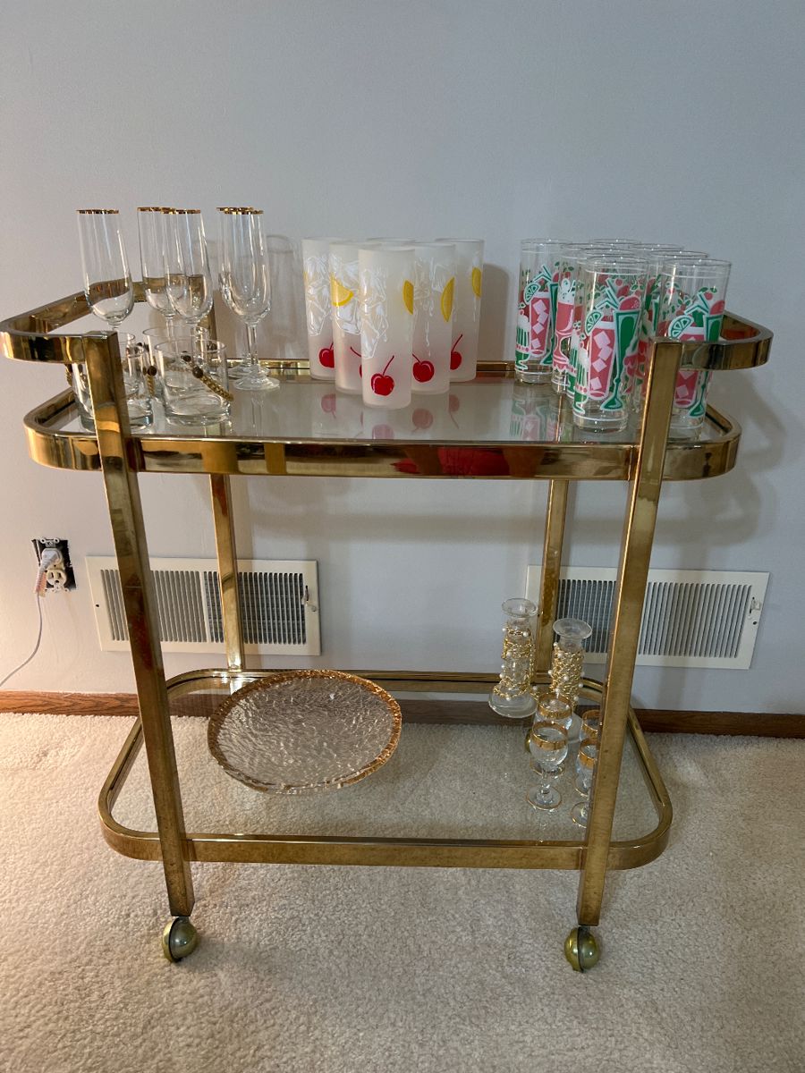 Gilt Gold and Glass Serving Cart with MCM Bar Ware