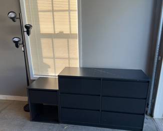 Six Drawer Dresser, Night Stand, and Floor Lamp