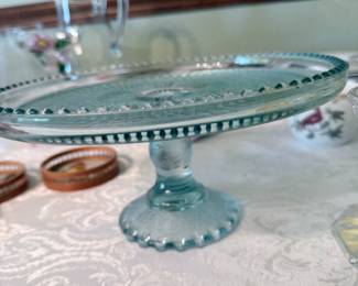 Blue depression, glass cake plate cake stand