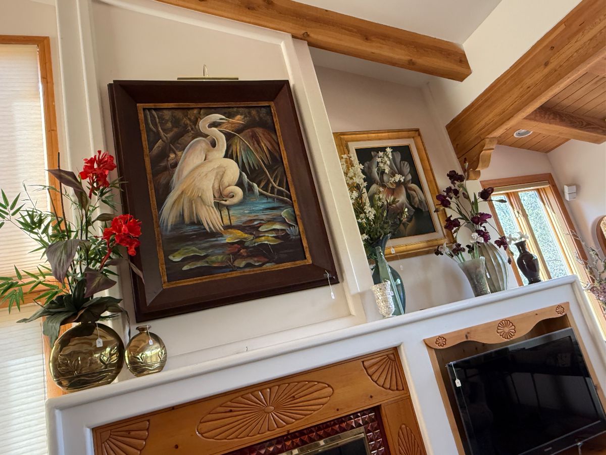 Huge framed painting, white birds