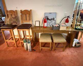 solid wood bar chairs, wood stools, side table, fire extinguishers 