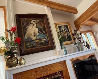 Huge framed painting, white birds