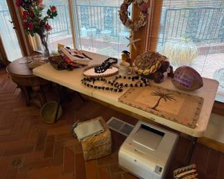 Small round end table, printer, fabric