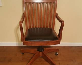 Vintage Wood Banker's Office Chair w/ Swivel Base & Vinyl Seat