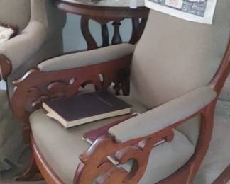 Antique Victorian Walnut Rocking Chair With Carved Arms and Upholstered Seat
