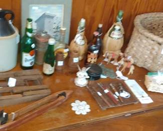 Cotton basket antique drop leaf table corn whiskey jug and more