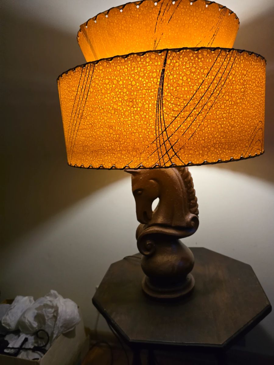 CHAPMAN CHESS PIECE LAMP, MADE IN THE 1950'S, ATOMIC LAMP SHADE