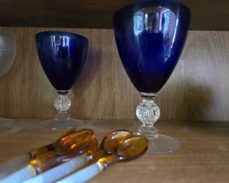 MORGANTOWN, RETRO GOLF BALL, COBALT BLUE, AMBER BLOWN GLASS SPOONS