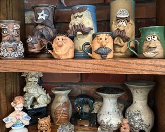 Stonewares Ugly / Funny Face Mugs and Vases, Pottery Vases, Inkwell, Foo Dog