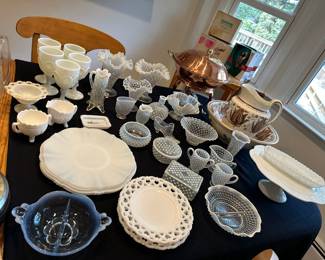 Vintage Milk Glass, Moonstone Hobnail, Opalescent Glass, Copper Chaffing Dish, Pitcher & Bowl