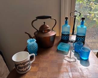 Copper Kettle, Blue Glass, Vintage Blue Perfume Bottle Set