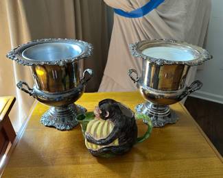 Silver Plate Champagne Buckets, Majolica Monkey Pitcher