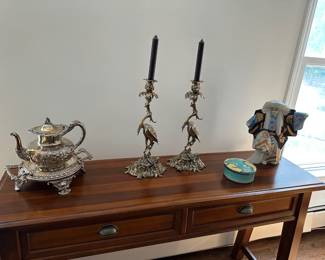 Silver Plate Tea Pot, Candle Holders - Crane Standing on a Tortoise, Tiffany Trinket Box, Vintage Japanese Sake Decanter