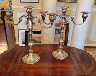 Maitland-Smith Table and Pair Sterling Candelabras