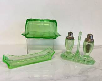 Lot 7938 Vintage Uranium Glass Butter Dish Shakers Wafer Tray Hazel Atlas