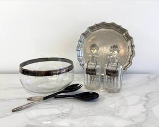 Lot 7928 Crystal Decanters w Sterling Silver Labels Salad Bowl