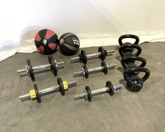 Lot 8707 4 Kettlebells 5 Threaded Dumbbells 2 Medicine Balls Exercise Equipment