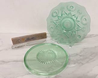 Lot 7941 Vintage Uranium Glass Bowl Cake Plate Vitex Glass Knife