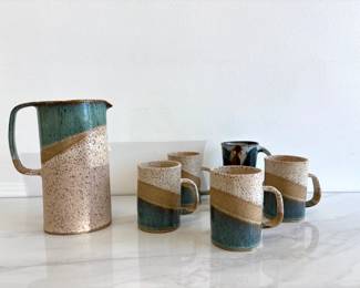 Lot 7996 Lori Theriault Signed Speckled Pottery Pitcher Mugs