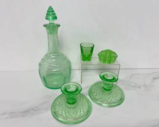 Lot 7943 Vintage Uranium Glass Decanter Flower Frog Candlesticks Shot Glass