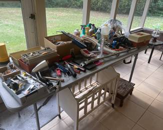 Miscellaneous tools, antique doll bed, vintage fishing boz