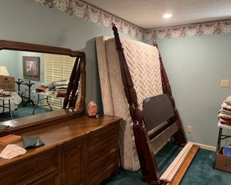 Queen rice bed, Drexel dresser and mirror 