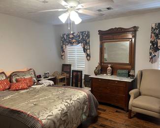 Queen adjustable bed, antique dresser and chair 