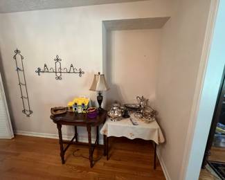 Antique table, silver plate items