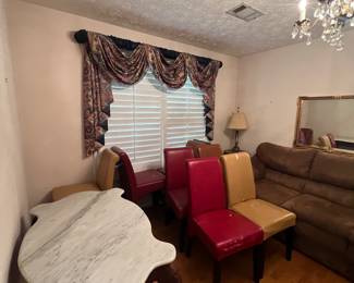 Marble table, parson chairs and barstools 