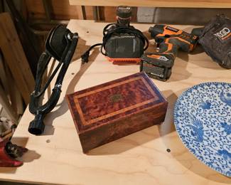 Assorted Tools, Blue & White Plate, Wood box