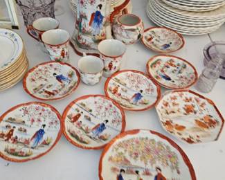Japanese Kutani Porcelain Plates, Tea Cups, Saucers, Coffee Pot