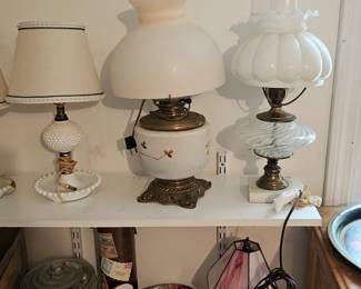 Table Lamps With White Shades Blue Piping, Jar of Buttons, Shell Dish, Lustreware, Small Lamp with Pink Shade, Glass Parlor Lamps