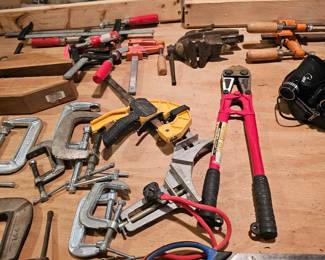 Assorted Tools, Clamps, Scissors, Bolt Cutter