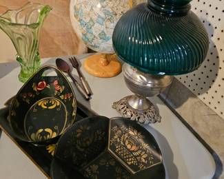 Aladdin Styled Green Ribbed Glass Oil Lamp , Globe, Green Glass Vase, Russian Khokhloma Ware
