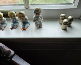 Miniature Bisque Figurines, Silver Salt & Pepper Shakers