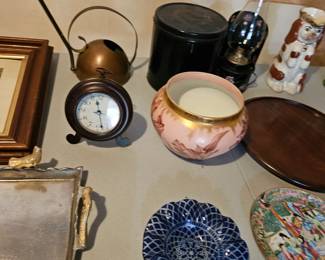 Small Desk Clock, Brass Oil Can, Blue Dish, Pink Bowl, Chinese Plate, Rose Medallion, Chinese Porcelain